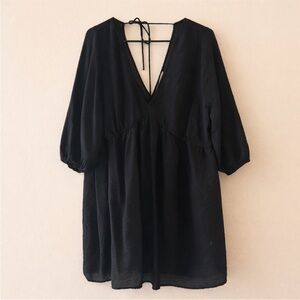 H&M Black Babydoll Mini Dress V-Neck Puff Sleeve Tie Back XL
